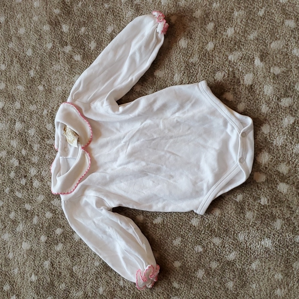 The Beaufort Bonnet Company - White w/ Pink Trim Long Sleeve Onsie | 0-6M